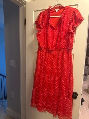 Red Polka Dot Ruffle-Sleeve Midi Dress